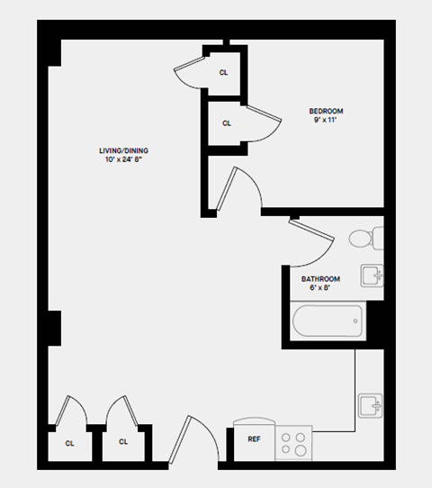 Floor plan for 2 beds, 1 bath, 598 sqft